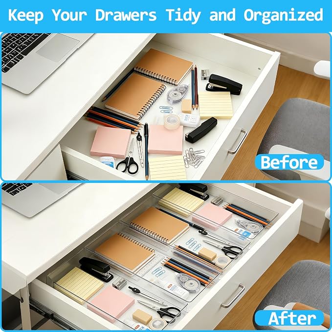 Manalete 4 Pack 15"x6" Extra Large Clear Plastic Drawer Organizer Trays, Multi-Purpose Storage Bins for Vanity, Makeup, Kitchen Utensils, Bathroom, Office Desk, Auto Tools & Craft Supplies