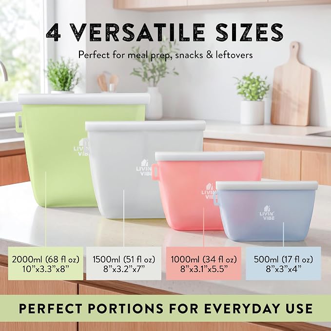 Reusable Silicone Food Storage Bags – Set of 4 Multicolor (500ml/17oz, 1000ml/34oz, 1500ml/51oz, 2000ml/68oz) – Leakproof, Freezer, Microwave, Oven & Dishwasher Safe, BPA-Free