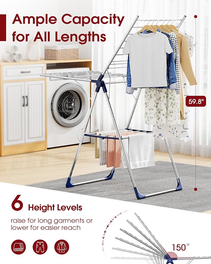 Sakugi Clothes Drying Rack, 55.5" Adjustable Wings, Foldable Design | Laundry Room, Bedroom, Outdoor & Indoor Use, Height Adjustable, Collapsible, Silver Blue, 55.5" L × 22.8" W