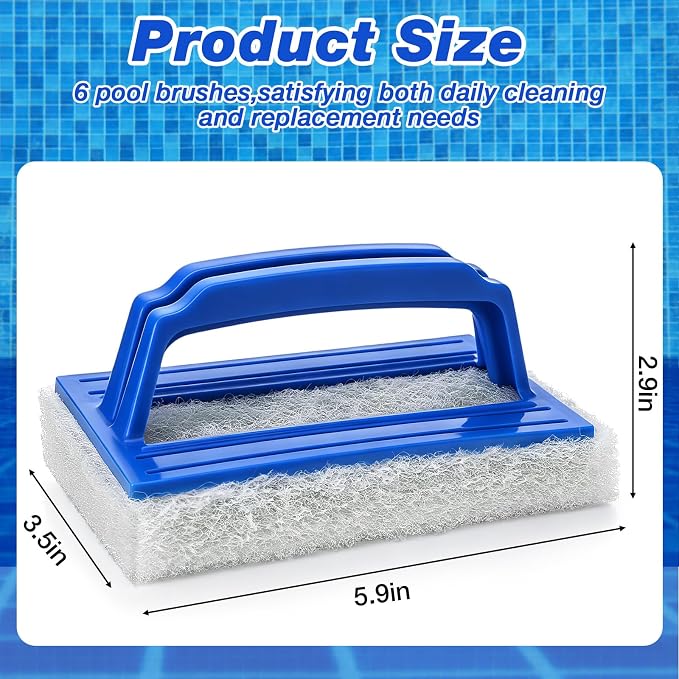 Gejoy 6 Pack Handheld Pool Scrubbing Scouring Brush for Swimming Sponge Pad with Handle Non Scratch Cleaning Brush for Pool Tile Grout Corner Wall Vinyl Liners Sink Shower Bathtub Spa Kitchen Cleaning