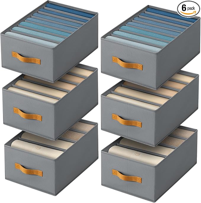 Homsorout Clothes Organizers and Storage - 4/5/7 Grids Fabric Jeans Organizer with Handles, Foldable Closet Organizers Dividers, Wardrobe organizer for Pant, Sweater, T-shirt, Scarf, 6 Pack, Pale Grey