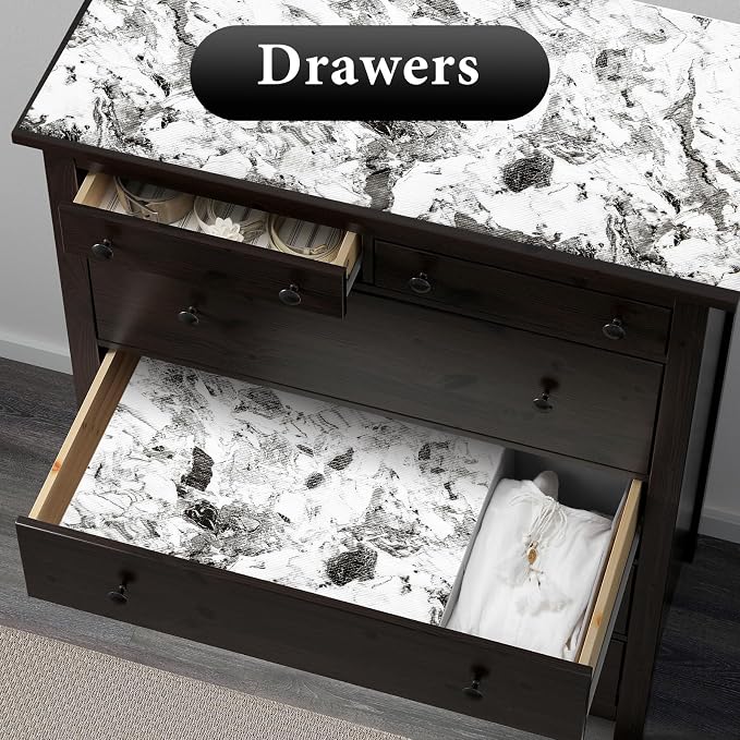 Drawer and Shelf Liner for Kitchen Cabinet: 12 in X 20 Ft Non Slip | Shelf Paper Non Adhesive Refrigerator Liners Grey and White Marble Easy Liners for Bathroom with Knife Tape Measure