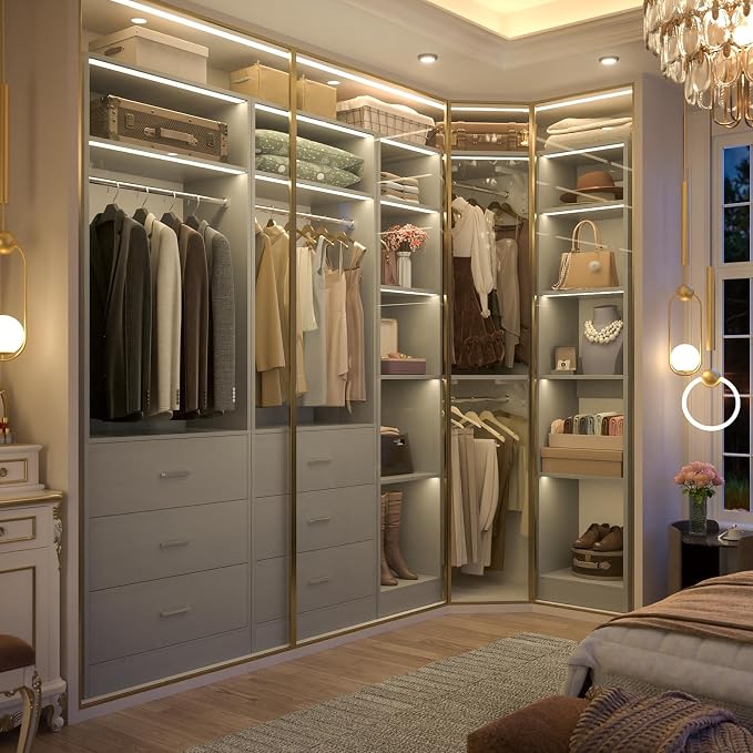 Besiost Corner Closet System with 6 Drawers, Closet Organizer System with 14 Shelves & 4 Hanging Rods, 87.2"L * 39.2"W / 63.2"L * 63.2"W Reversible L Shaped Walk-in Closets, Load 2500+LBS, Grey