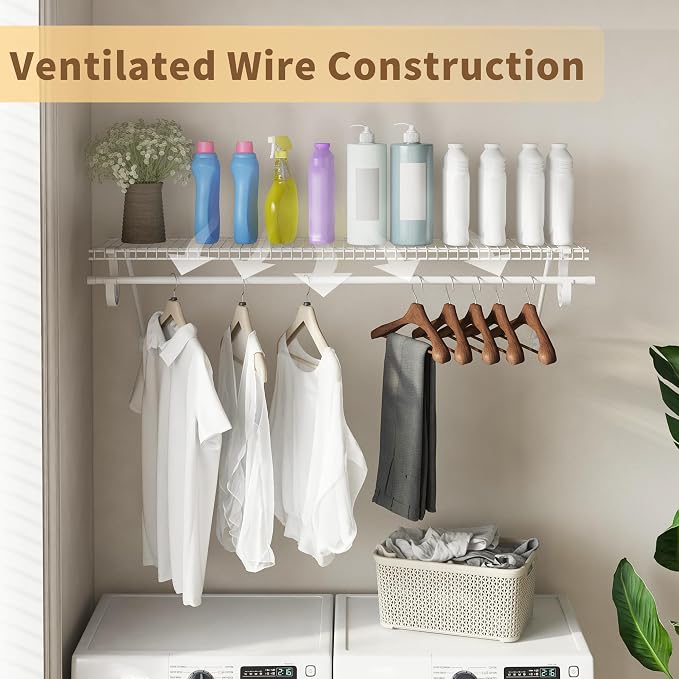 PROWORX Closet Shelves Wall Mounted with Hanging Rod, 4 Pack 4 ft x 12 in White Wire Shelving Kit, Metal Wall Shelf Organizer for Home, Pantry, Laundry Room Storage