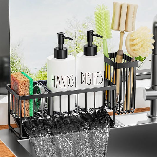 MASADI Kitchen Dish Soap Dispenser Set with Sponge Holder, 12OZ Glass Bottle, Hand and Dish Soap Dispenser Set, Non-Slip Silicone Pad, Brush Holder, Kitchen Sink Organizer Countertop (Black+White)