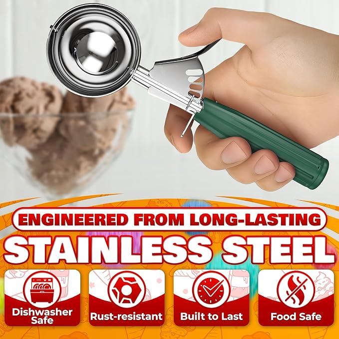 2.67Oz Ice Cream Scoop with Trigger #12 - Ice Cream Scooper for Portion Control, Gelato, Cookie Dough, Meatballs - Stainless Steel, Easy to Use & Clean, Rust & Stain Resistant, Ergonomic Non-Slip Grip