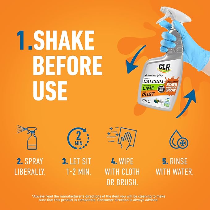 CLR Brands Calcium, Lime and Rust Remover with Cling, 22 oz. Spray Bottle | Adheres to Hard-to-Reach Surfaces, Blasts Calcium, Dissolves Lime Deposits, Zaps Stubborn Rust Stains and Hard Water Deposits