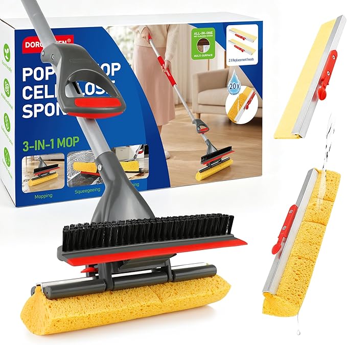 Pop-up Sponge Mop for Floor Cleaning, Home Commercial Cellulose Sponge Roller Mop with 2 Refill Heads, Includes Squeegee and Brush for Hardwood Tile Concrete Bathroom Kitchen Wall Ceiling