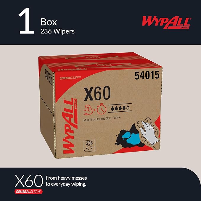 WypAll GeneralClean X60 Cloths Multi-Task Cleaning Wipes (54015), Brag Box, Strong and Absorbent Towels, White (1 Pack of 236 Sheets, 236 Sheet Total)
