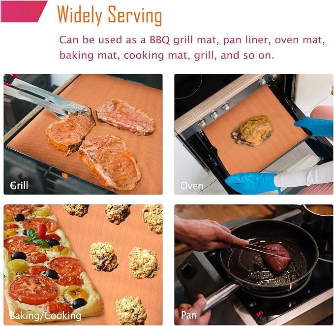 Forever Young & Co. 2 Pack Non-stick Copper Large Oven Floor Protector Liner, Grilling Mats Reusable Baking Mats Heavy Duty Grill Mat of Electric Gas, Toaster, Microwave Ovens Grills, Easy to Clean