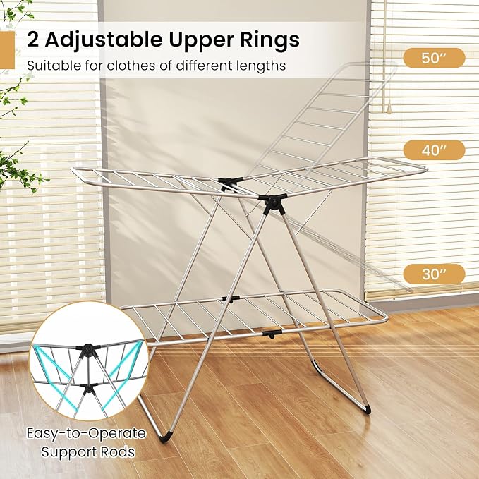 Tangkula Clothes Drying Rack Foldable, 2-Level Heavy-Duty Aluminum Laundry Drying Rack Collapsible with Height-Adjustable Wings, Space-Saving Freestanding Airer Clothing Dryer Stand for Indoor Outdoor