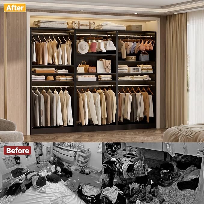 Unikito 72'' Closet System with 4 Hanging Rods, Walk-in Clothing Organizer, 2-Piece Wood Garment Rack for Bedroom, Black