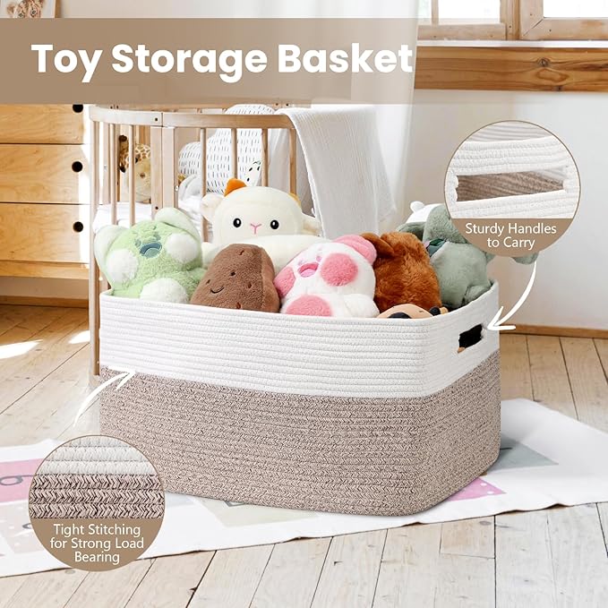Optish 75L Large Blanket Basket, Woven Storage Baskets with Reinforced Handles, Rope Laundry Basket for Living Room, Bedroom, Nursery, Toys, Clothes,Pillows, 22” x 17” x 11.5”, White & Brown