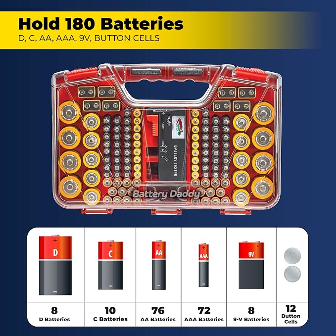 Ontel Battery Daddy Storage & Organizer Case w/Tester, Stores & Protects Up to 180 Batteries, Double-Sided, Clear Locking Lid, Secure Latches & Portable Carrying Handle - Red (Batteries Not Included)