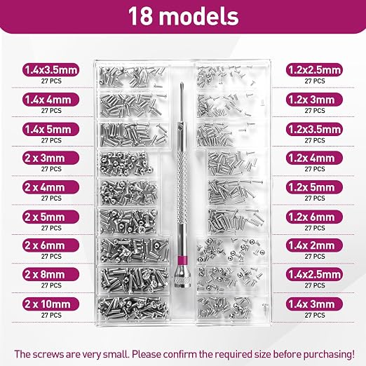 500-Pack Phillips Micro Self Tapping Screws Kit with Screwdriver | Stainless Steel Micro Self-Tapping Screws, 18 Assorted Sizes with Screwdriver for Eyeglasses, Watches & Small Electronics