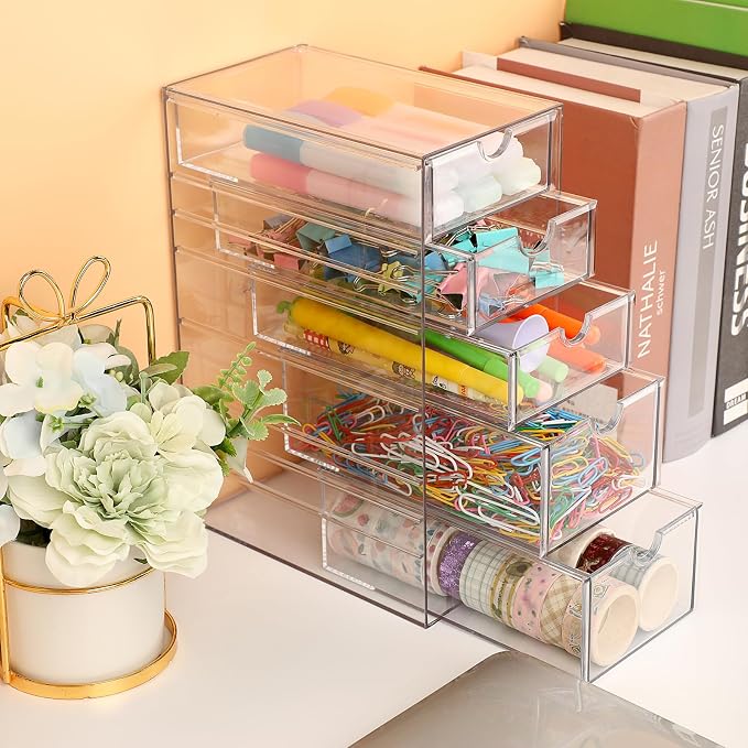 Hipiwe 5-Drawers Plastic Storage Organizer, Clear Hair Accessories Organizer with Large Capacity for Bathroom, Dresser, Cosmetic Hair Tie Container for Girls Women | Large Capacity Drawers Box for Bathroom, Dresser, Cosmetic Hair Tie Container for Women