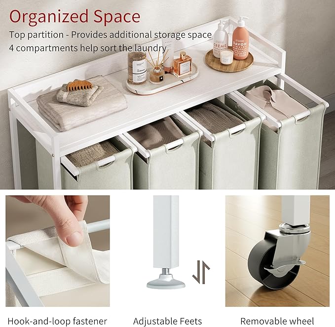 Herture Laundry Hampers with Shelf, Laundry Basket 4 Section, 4 x 15.87 Gal | Laundry Sorter with Pull-Out Removable Large 4 White Bags and Movable Wheels, Metal Frame, White PF07XLW