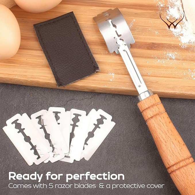 WOODLANDS USA Danish Dough Whisk for sourdough 13 Inch - 304 Stainless Steel Hook with Long Wooden Handle (Dough Whisk + Bread Lame)