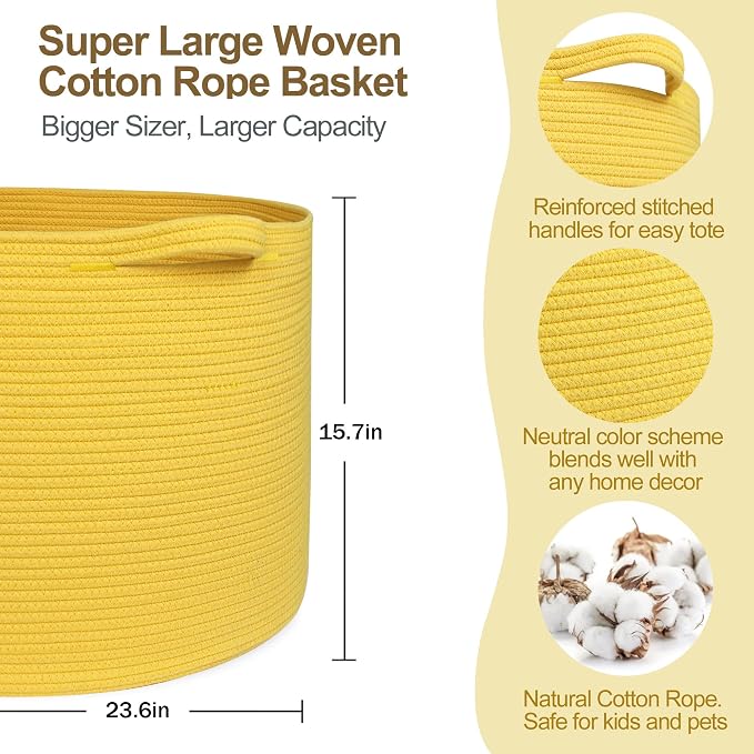 MEGASKET Extra Large 115L Yellow Basket, 23.6" x15.7 Cotton Rope Yellow Decor for Living Room Bedroom, Woven Basket for Blanket, Laundry, Towel, Shoe, Kids Toy Box Organizer, Room Decor Storage Bin