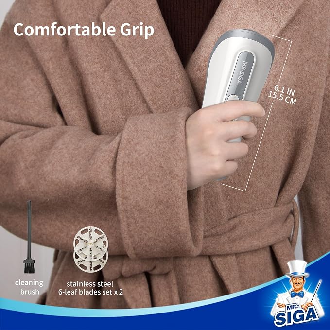 MR.SIGA Fabric Shaver and Lint Remover with 2 Replaceable 6-Leaf Blades | Battery operated portable lint shaver with LED lights, sweater defuzzer for clothes, couch