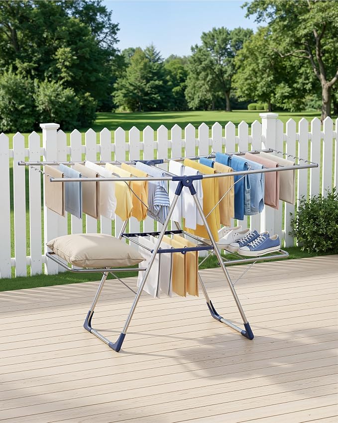 Sakugi Clothes Drying Rack, Foldable 2-Level with 55.5" Adjustable Wings | Laundry Room, Bedroom, Indoor & Outdoor Use, Height Adjustable, Clothing & Bedding, 55.5" L × 22.8" W, Silver and Blue