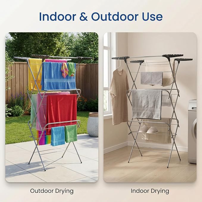 3 Tier Clothes Airer - 20m Washing Line, Foldable Laundry Rack with Heavy Duty Steel Frame, Non-Slip Feet, Corner Hanger Hooks, Space Saving Clothes Drying Rack for Indoor Outdoor Use