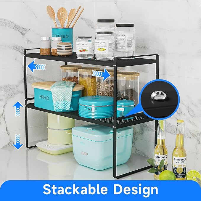 Expandable Cabinet Shelf Organizers, Kitchen Small Stand Rack Organization for Countertop Cupborad Pantry Desktop Spice Rack, Black 3 Pack