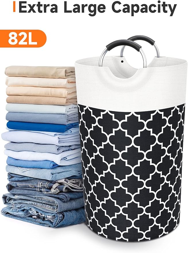 Large Laundry Basket, 82L Tall Collapsible Hamper with Handles, Black | Freestanding Laundry Hamper, Waterproof Dirty Clothes Storage Bag for College, Bathroom, Foldable Washing Bin for Travel