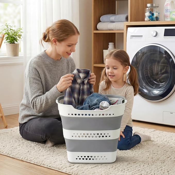 2 Pcs 42L Collapsible Laundry Baskets- Foldable Laundry Basket with Handles, Sturdy Plastic Pop Up Laundry Hamper, Space Saving Storage Container for Wet/Dry Use, Ideal for Home, Dorm, Apartment Grey