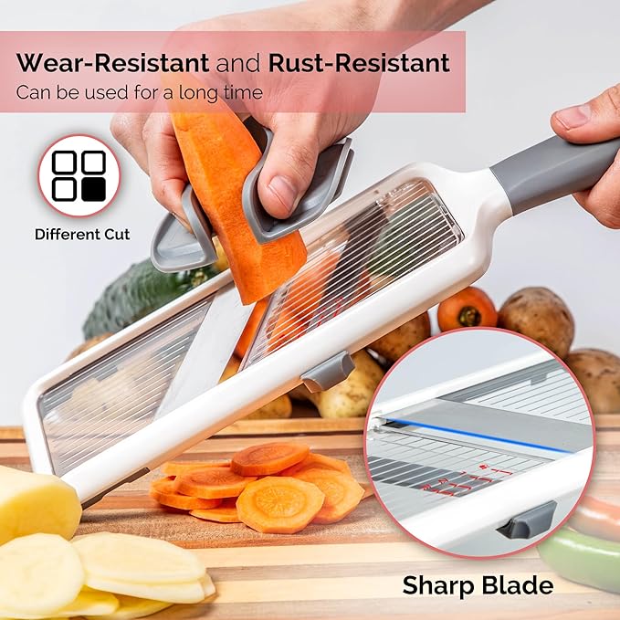 Multi Handheld Mandoline Slicer - Adjustable Stainless Steel Blades, Comfort Grip, Safety Features, Dishwasher Safe Easy to Clean Ideal for Fast and Precise Slicing of Fruits and Vegetables