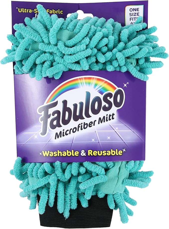 Fabuloso Microfiber Cleaning Mitt Glove, Teal, One Size, 3-Pack | Lint-free, scratch-free design, for dusting furniture, blinds, shelves, and car interiors, reusable daily