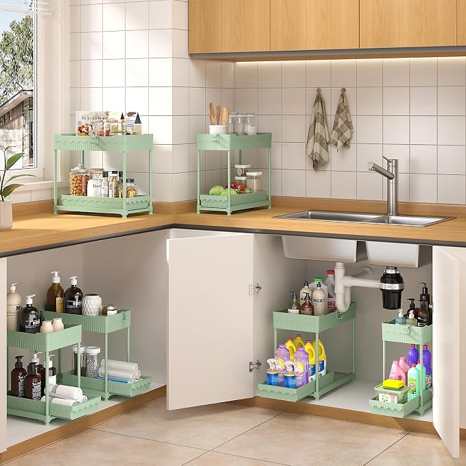 Sevenblue Under Sink Organizer, Bathroom Organizers and Storage, 2 Tier Multi-Use Pull Out Cabinet Organizer with Hang Hooks and Cups (Green, 14.8 Inch)