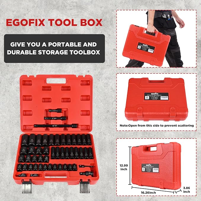 1/2" Drive Impact Socket Set 49 Piece, Standard and Deep Metric Socket (9-25mm, 27, 30, 32mm), Includes Extension Bars, Universal Joint and Adapter, 6 Point Design,Cr-V steel