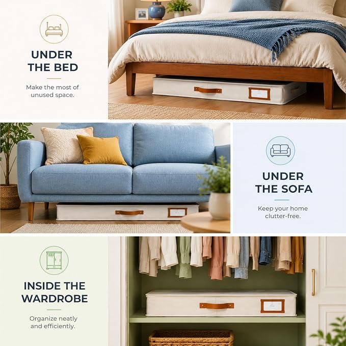 HOMELUX THEORY 2pc Under Bed Storage Containers, Bedroom Under the Bed Drawer Storage Organizer with Bins and Lids, Large Underbed Clothes Storage Box Ideal for Blanket, Fabric, & Shoes (Ivory)