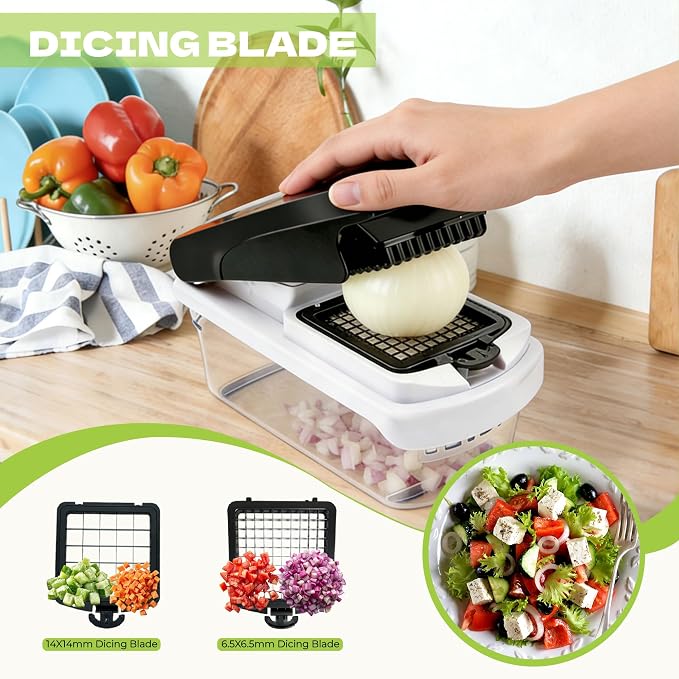 Veggie Chopper, Onion Dicer, Spiralizer & Storage Box | One press, easy cutting. 17 blades & tools includes cut-resistant glove. Perfect for salads, fries & meal prep.