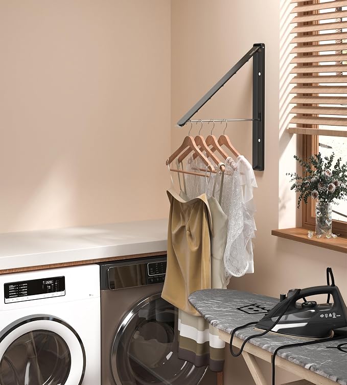 Dr.DJ Clothes Drying Rack, Wall-Mounted Retractable & Foldable Clothes Hanger for Laundry Room Organization and Storage, Metal Clothes Hanger Rack for Dorm, Closet, Balcony(1 Pack, Wood)