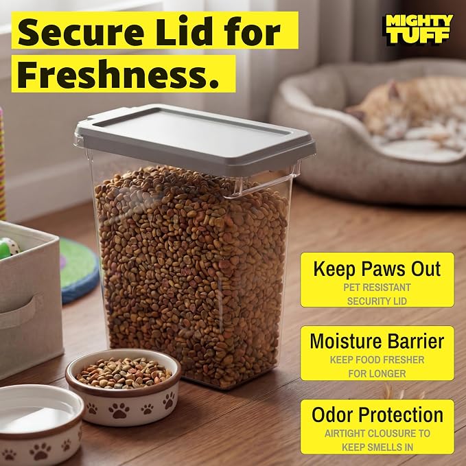 Mighty Tuff 8 lb Dog Food Container with Secure Lid Clasp, Airtight Cat Food Bin, Clear Plastic Pet Food Storage Container with Lid for Kitchen Pantry Organization