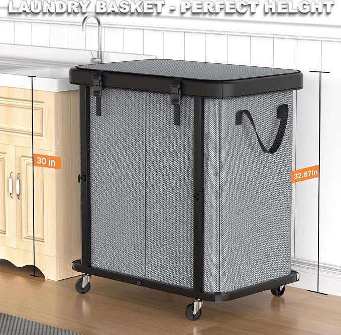 Laundry Basket with Wheels,190L (50 Gal) Laundry Hamper 2 Setion - Gray | Leather Patchwork,Sturdy Metal Frame, Removable Washable Bag, Tall Clothes Sorter for Bedroom