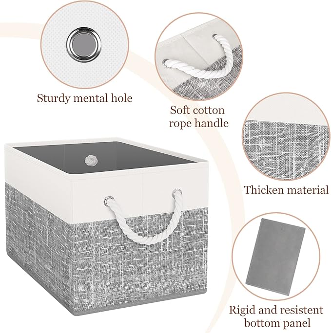 StorageTastic Storage Bin,Collapsible Storage Basket For Organizing,Large Storage Boxes With Rope Handles,Storage Containers,White & Grey,6 Pack