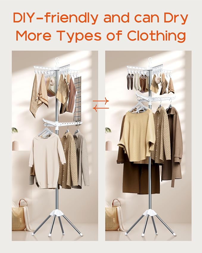 CASAMAYA Clothes Drying Rack Foldable, 72 inch 2 Tier Laundry Drying Rack with Rotating Clothes Rail for 27 Pieces of Clothes, Adjustable, 24 Clips, Space Saving, White and Silver CDR012W01