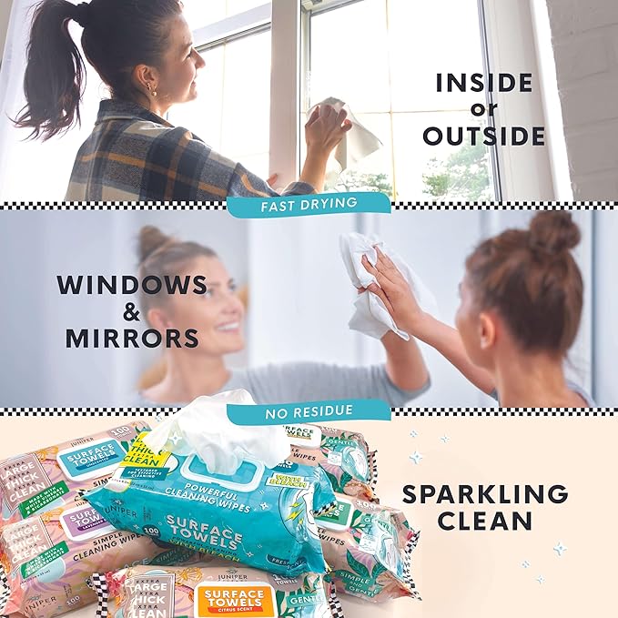 Juniper CLEAN 6 Packs Surface Cleaning Wipes Bleach Free, Thick & Large Dispose, All-Purpose Cleaner for Bathroom, Kitchen, Office, 600 Count Soft Flow, Biodegradable, Citrus Scent