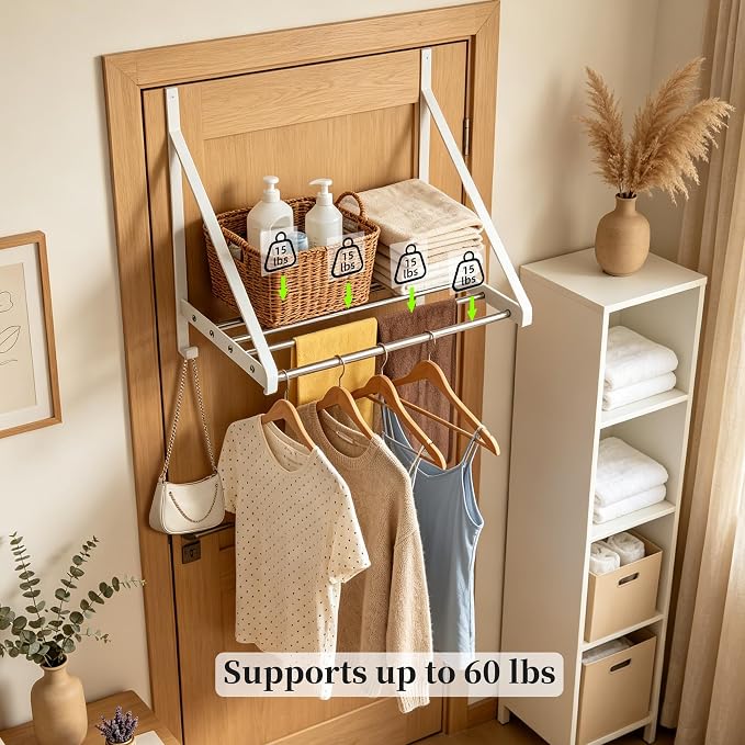 Over Door Clothes Drying Rack 13"-23" Length No Drill for Apartment Rental | 60lb Heavy Duty Load, 4 Stainless Steel Rods and 2 Accessory Hooks Indoor Air Dryer Rack Space Saving for Bathroom, Dorm, RV