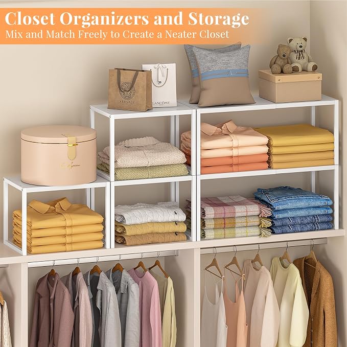 ThreeHio 2 Pack Stackable Closet Organizers and Storage Shelves, Expandable Metal Clothing Shelf, Adjustable Shelving Unit for Cabinet Wardrobe, Kitchen, Pantry, Sweater Clothes Cube Storage Organizer
