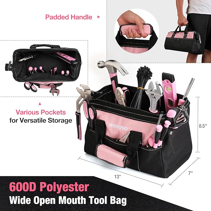 WORKPRO 277PCS Pink Tool Set, Portable Home Repairing Tool Kit for Women | with 13" Wide Mouth Open Storage Tool Bag, Home Tool Box Including Hammer, Screwdrivers, Pliers, Wrench and Household Tools