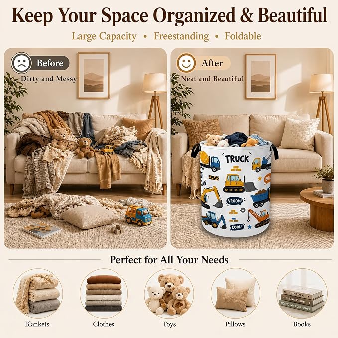 Construction Truck Large Laundry Hamper, Collapsible Oxford Clothes Basket with Handles, Freestanding Dirty Clothes Organizer for Bedroom Bathroom Dorm Laundry Room, 16 x 20.8 Inch