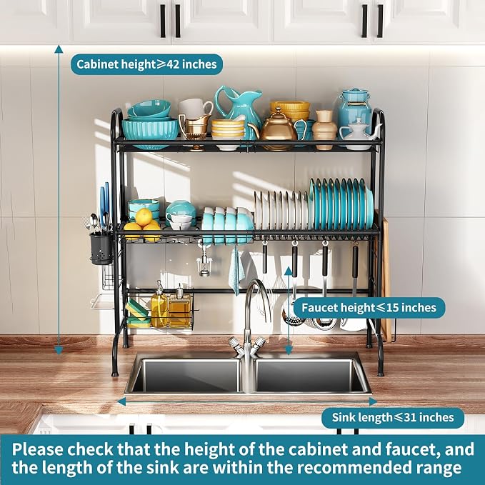 HOWDIA 3-Tier Over The Sink Dish Drying Rack,Stainless Steel Dish Rack with Cutlery Holder & Chopping Board Rack, 33.9” x 11.4” x 32.3” for Maximum Kitchen Storage（Black）