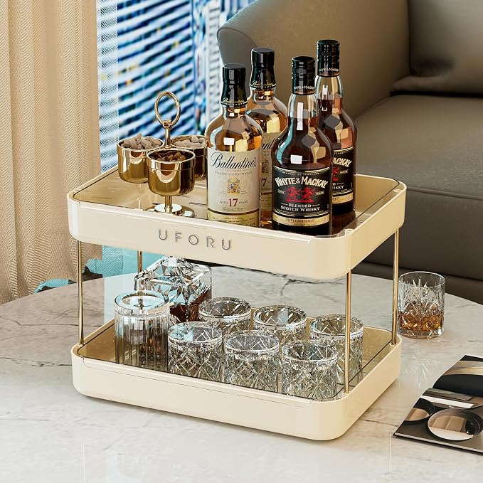 UFORU Countertop Coffee Station Organizer,Cup Rack,Mug & Wine Glass Holder | 2-Tier Cream White Mug Shelf with Removable Drain Tray,Bathroom Countertop Organizer,Spice Rack for Kitchen