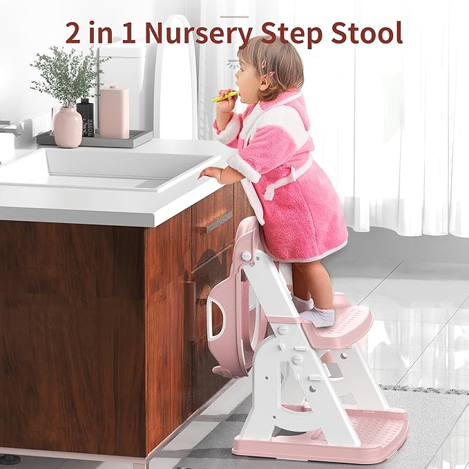 Meulife Potty Training Seat, Upgrade 2 in 1 Potty Training Toilet for Toddler, Toddler Toilet Seat for Boys Girls with Support Bar, Anti-Slip Pad and Step Stool (Pink)
