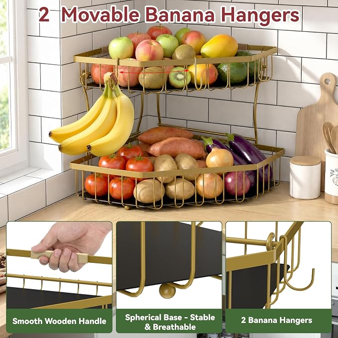 2 Tier Fruit Basket for Kitchen Counter - Detachable Metal Fruit Bowl with 2 Banana Hangers for Corner , Large Capacity Fruit Stand with Wooden Handle for Bread Fruit and Vegetable Storage - Gold