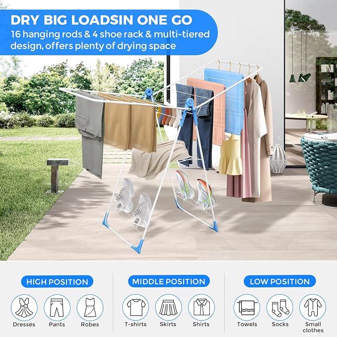 Foldable Gullwing Clothes Drying Rack Free Standing Indoor Outdoor Airer | Height Adjustable Wings Large Laundry Airer with Shoe Rack for Balcony Laundry Room